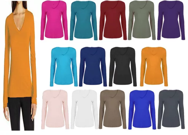 Ladies Womens V Neck Long Sleeve Plain Slim Fit Basic Top Stretchy T-Shirt 8-26