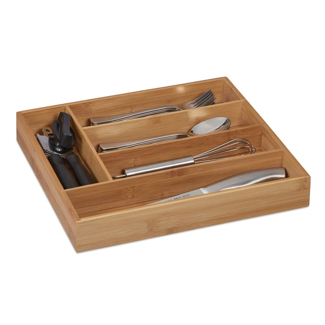 Boîte à Couverts En Bois Paulownia Mendler HWC-C25 - 4 Compartiments Avec Fenêtre Et étiquettes, 17x37x33 Cm, Brun Naturel