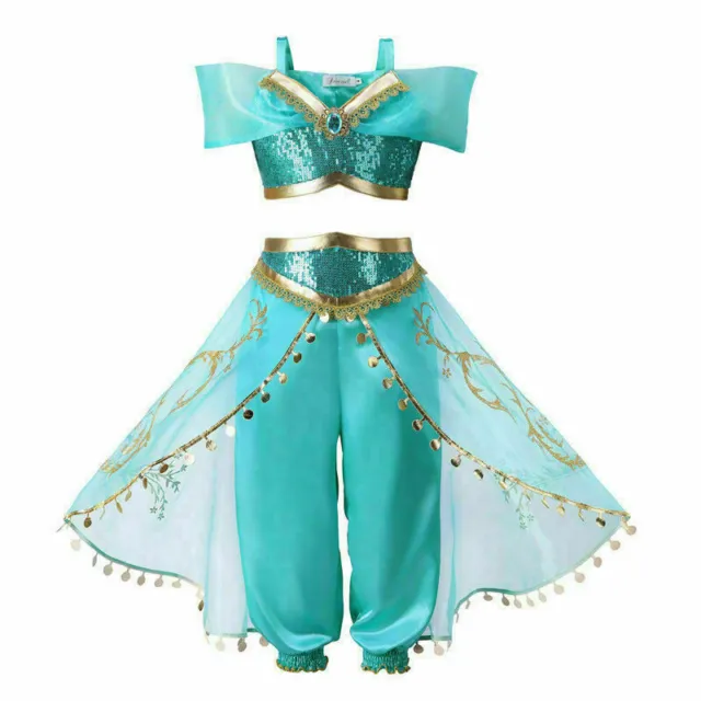 Kids Girls Jasmine Princess Fancy Dress With Wig Aladdin Cosplay Costume Sequin