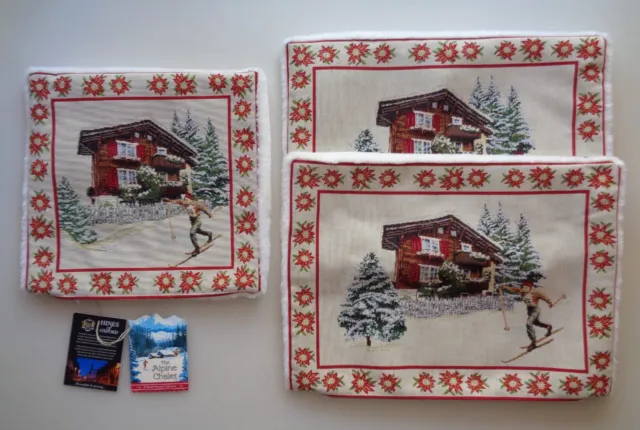 Set of 3 Hines of Oxford Tapestry Pillow Shams Cushion Alpine Chalet Skier NEW