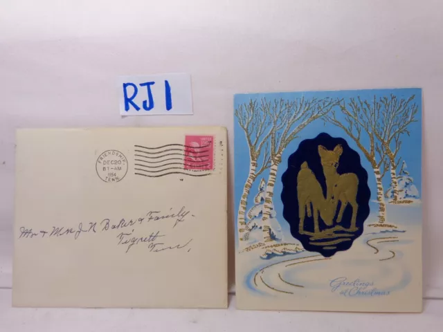 Vintage Christmas Card-Envelope-Stamp 1954 1950'S Deer Snow Scene Artistic