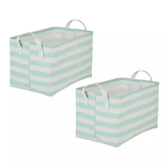 Cotton Polyester Laundry Bin Stripe Aqua Rectangle L (Set of 2)