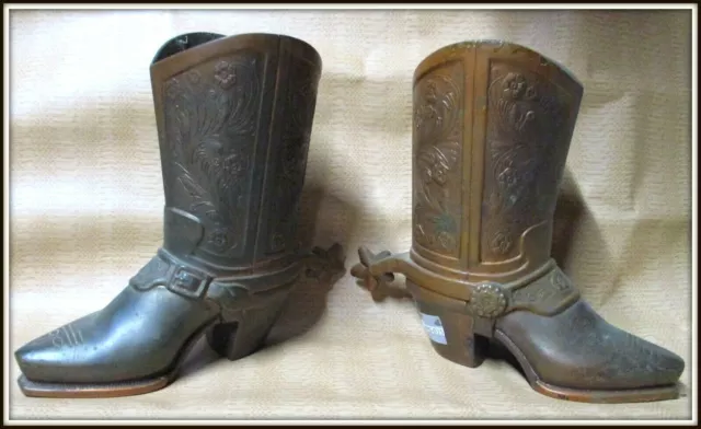 VINTAGE Pair of 7 1/2" BRONZE BUCKAROO COWBOY BOOTS with SPURS Bookends