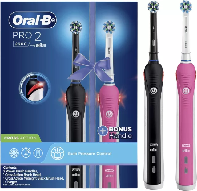 Oral B Power Toothbrush Pro 2 2900 His Hers Powered by Braun Black Pink Duo Pack