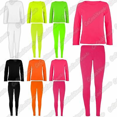 Girls Kids Neon Plain T-Shirt Leggings 2 Pcs Set Casual Summer Outfit 7-13 Yrs
