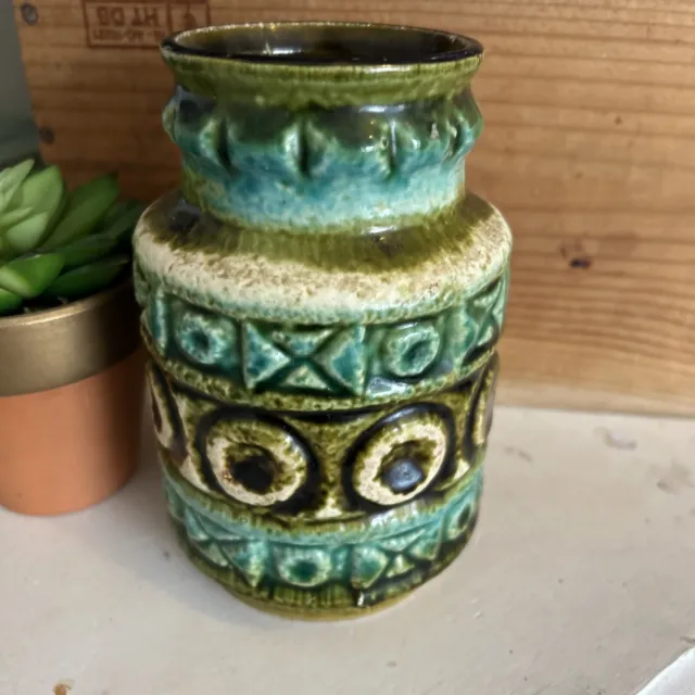 West German Pottery Vase Bay Keramik 6 Inch Tall Tall Greens Textured