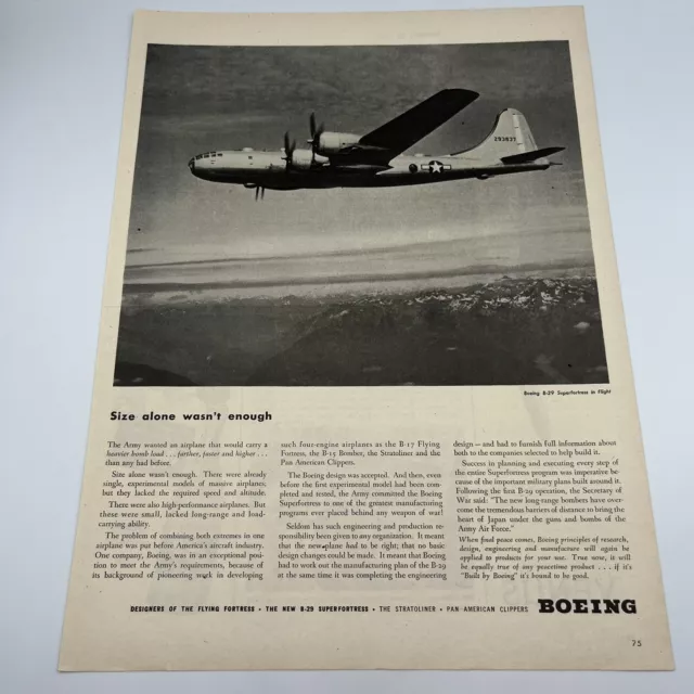 1944 Boeing Aircraft Vintage Print Ad 10"x13" B-29 Superfortress in flight WW2