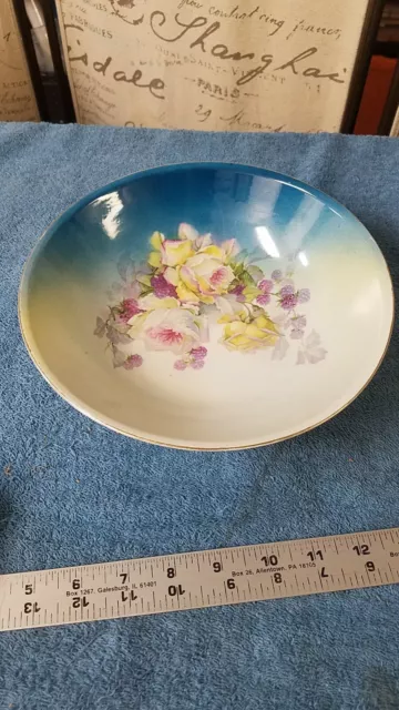 Vintage Germany White,  Blue, Yellow Lusterware Bowl Hand Painted Roses, Floral