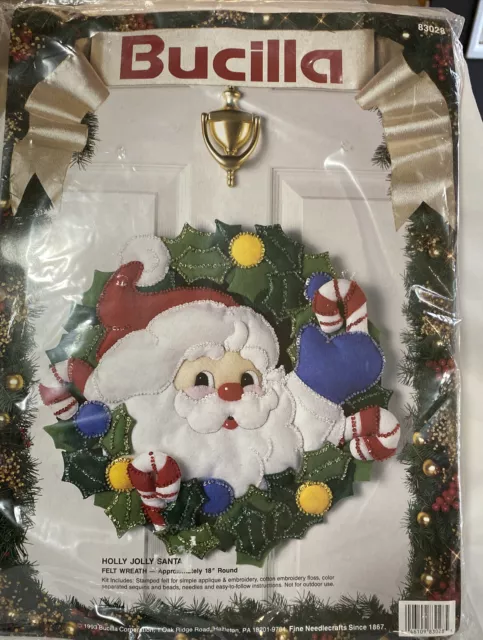 Bucilla Felt 1993 18"" kit corona puerta de Navidad Holly Jolly Santa - #83028 nuevo en paquete