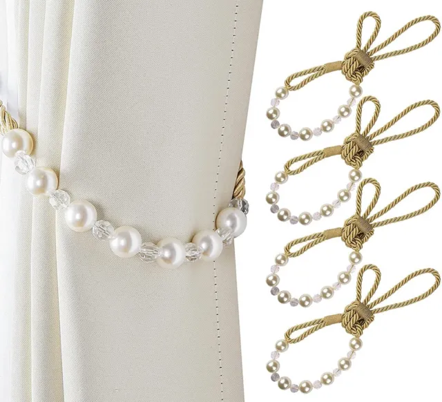 Beautiful Crystal and Pearl Beaded Curtain Holders TieBacks White Set of 4