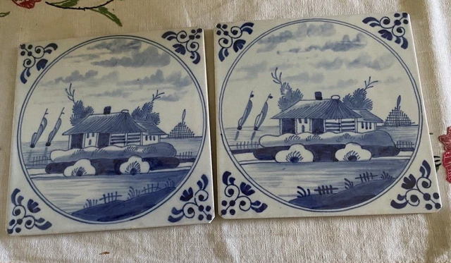 Two BOCH FRERES LA LOUVIERE "Delft" Blue Dutch Water Windmill SCENE 6" x 6" TILE