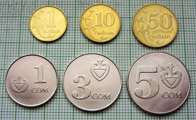 Kyrgyzstan 2008 6 Coins Set 1, 10, 50 Tyin 1, 3, 5 Som, All Unc