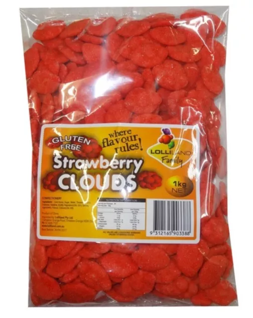 1kg LOLLILAND STRAWBERRY CLOUDS RED BULK LOLLIES SOFT FLUFFY SUGAR CANDY BUFFET