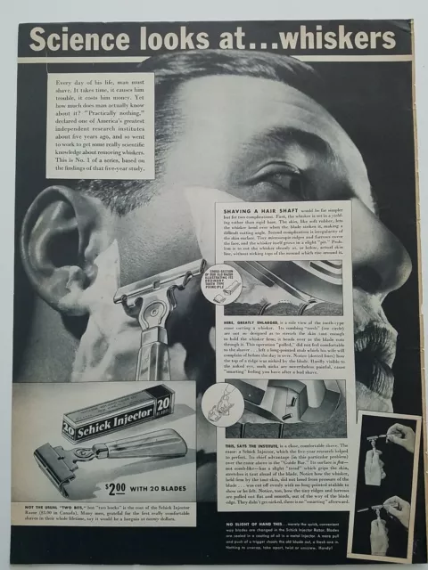 1937 Schick injector 20 shaving razor blades science looks whiskers vintage ad