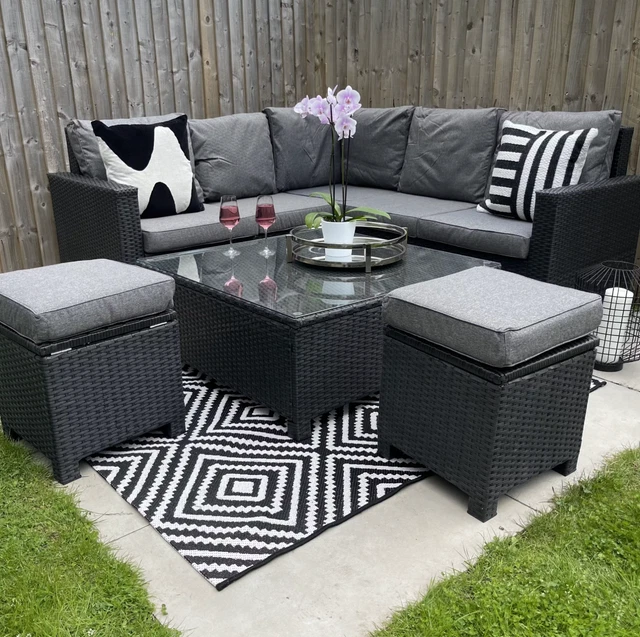 ALBA COMPACT OUTDOOR Rattan Corner Sofa Set with Coffee Table in Black