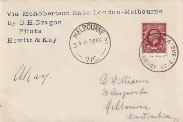 1934 Pilot Signed First Flight Cover, McRobertson London-Melbourne...... (t6281)