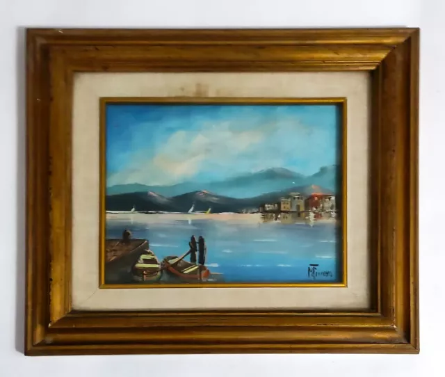 Quadro DIPINTO OLIO SU TELA con CORNICE Vintage - Paesaggio Marina - 36x40