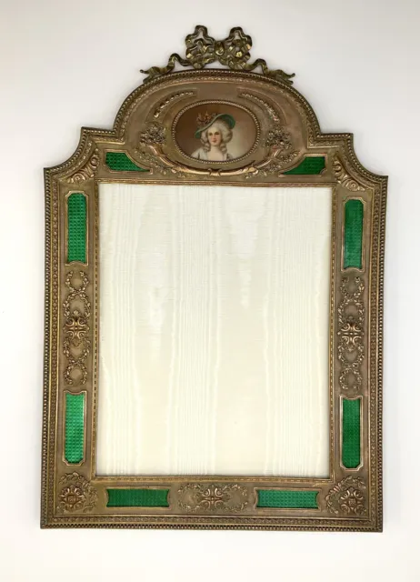 Antique Large French Gilt Bronze Green Guilloche Enamel Photograph Frame