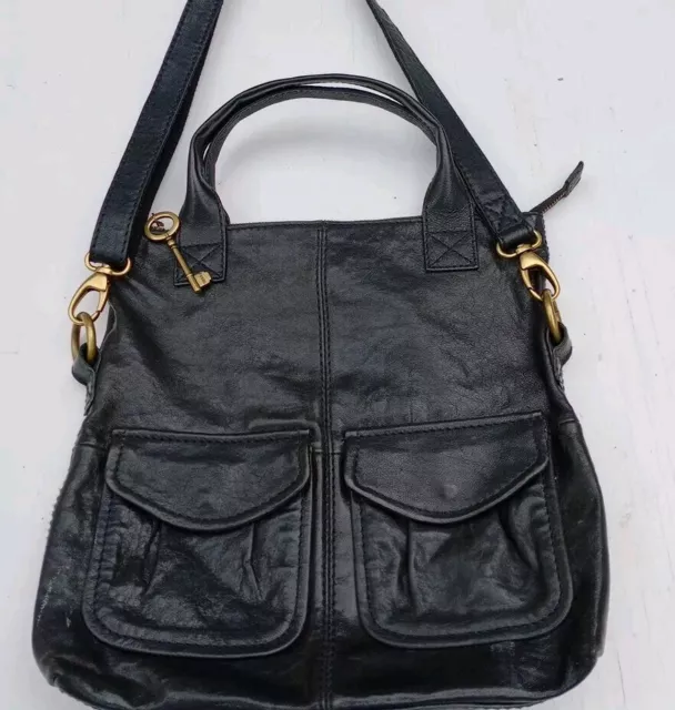 Fossil Keyper Large Black Leather Purse Satchel Shoulder Bag Tote Adjustable