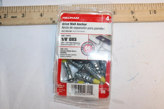 (20-Pk) Hillman Drive Wall Anchors 1/8" DXS 60 Lb. 41329