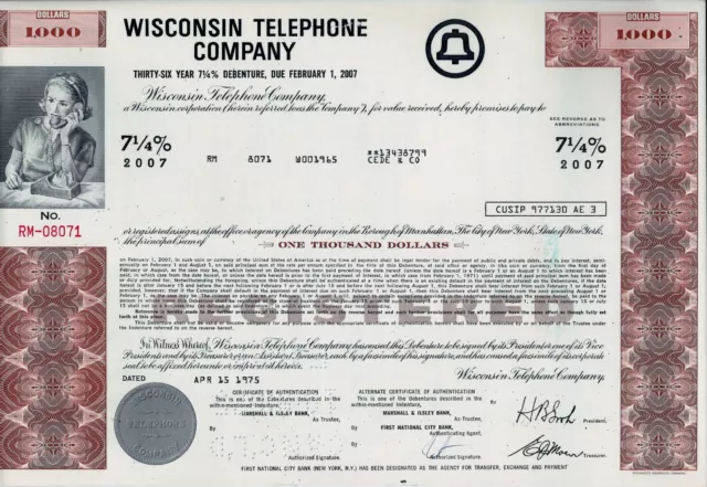 Wisconsin Telephone Company, 1975, 7 1/4% Debenture due 2007  (1.000 $)