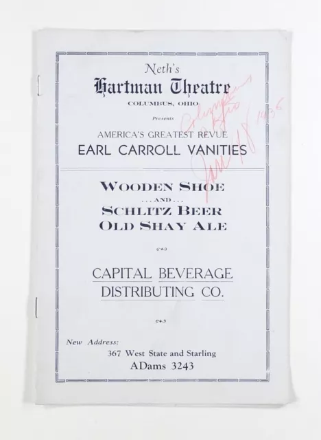 1935 playbill EARL CARROLL VANITIES Most Beautiful Girls Hartman Theatre {b}