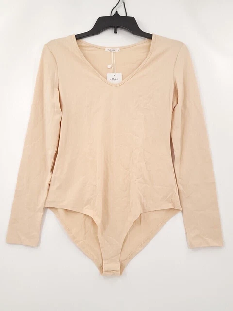 Allchic Bodysuit Womens Size Large Color Beige Fasten Between Leg V Neck Stretch