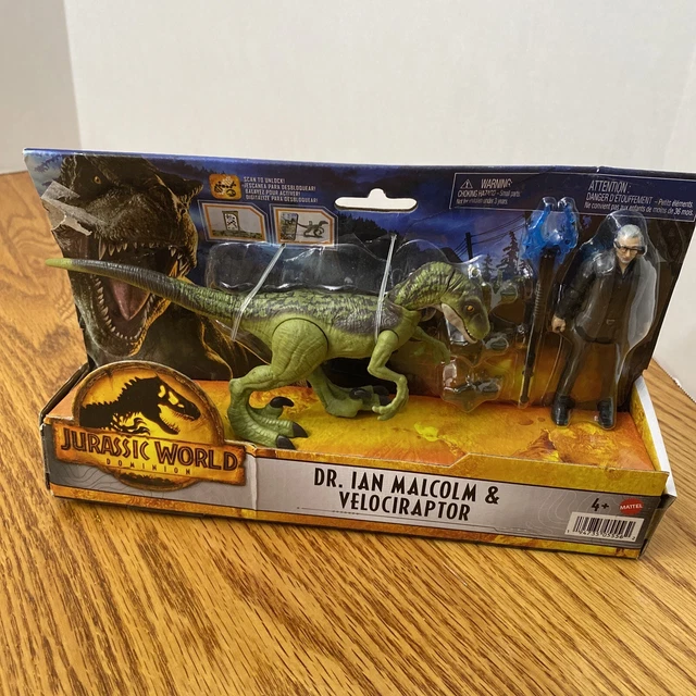 MATTEL JURASSIC WORLD Dominion Dr Ian Malcolm & Velociraptor Dinosaur