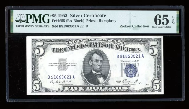 DBR $5 1953 Silver Gem Fr. 1655 BA Block PMG 65 EPQ Serial B91863021A