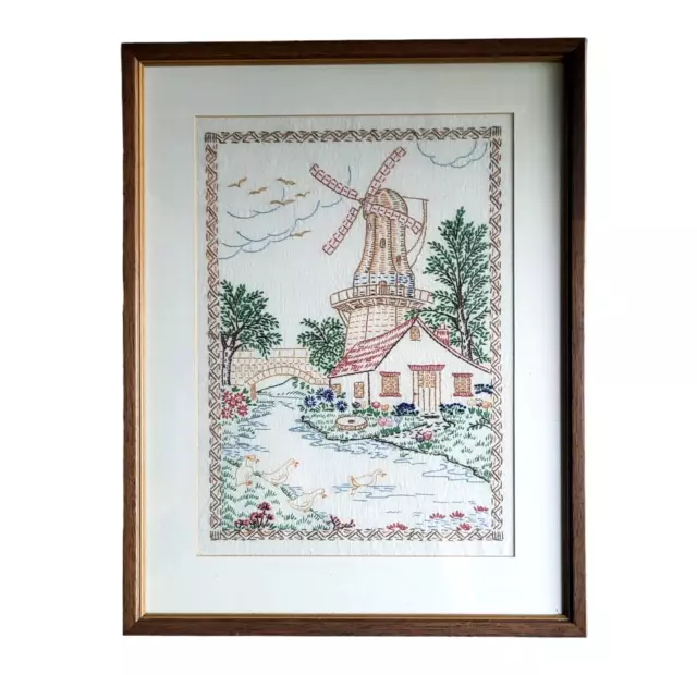 "Imagen de colección bordada a mano bordada a mano de un molino de viento - Holanda holandesa - 16"" x 21"