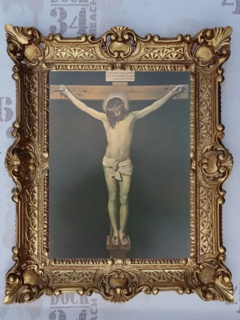 Gemälde Jesus Christus am Kreuz mit Rahmen Wandbild Barock Antik Gold 56x46 cm