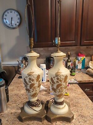 Vintage pair white frosted glass table lamps with gold leaf hand painted flowers