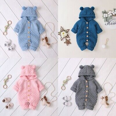 Newborn Baby Boy Girl Cute Romper Jumpsuit Outfit Knitted Hooded Sweater Clothes