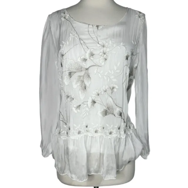 Elena Baldi White Silk Top Long Sleeve Embroidered Floral Print Lined Size S