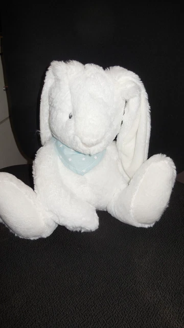 doudou peluche lapin blanc bandana bleu étoile CYRILLUS 26cm assis - état NEUF -