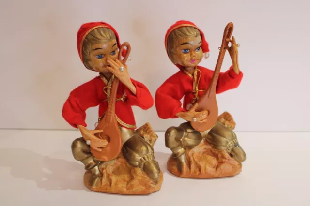 Vintage pair Tilso Christmas elves pixies playing instrument. Made in Hong Kong