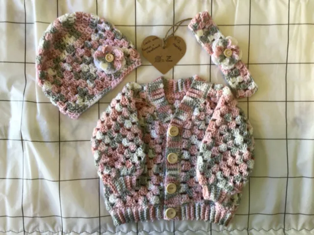 Baby Girl Cardigan. Handmade crochet. With BONUS beanie and headband