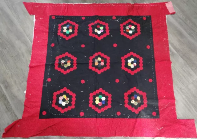 Grandmas Flower Garden Patchwork Quilt Top Unfinished 54" Sq Red/Black