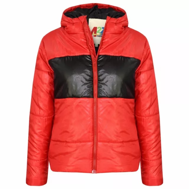 Kids Girls Boys Red Contrast Panel Hooded Padded Quilted Warm Jackets 5-13 Years