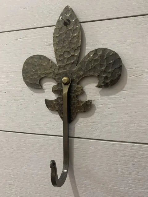 Fleur De Lis Wall Hook Hand Forged Large Brass Look 9” Blacksmith Made French