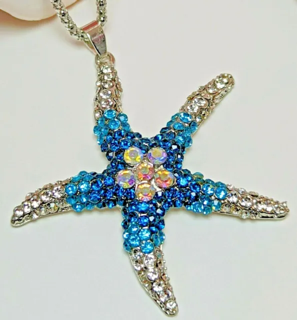 NWT Betsey Johnson BLUE & AB SPARKLY CRYSTAL STARFISH Necklace Silver Gift Boxed