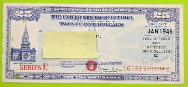 Jan 1946- $25 US Savings Bond Series E Independence Hall Philadelphia Punch Card