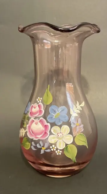 Teleflora Fenton 8" Ruffled Purple Amethyst Glass Vase Hand-Painted Flowers