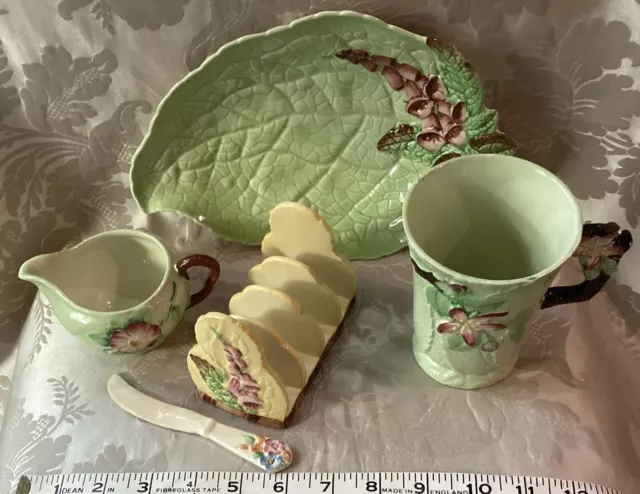 5 Items Antique Carlton Ware Foxglove Toast Rack & Dish Mug Jug Knife c1930s