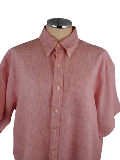 Brooks Brothers 100% Irish Linen Shirt Size Large Red Pin Stripe Regular Fit