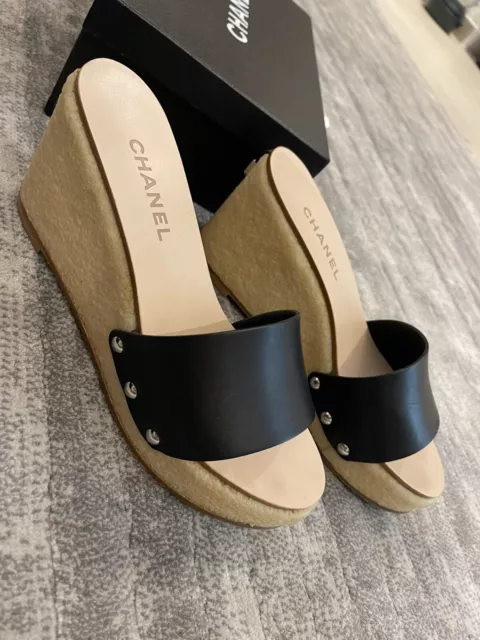 New Auth! CHANEL wooden clogs leather mules Sz 36