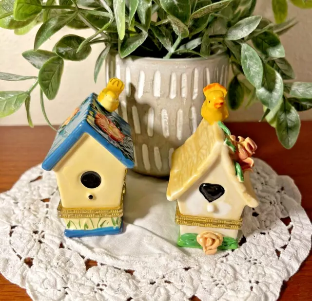 Bird House Porcelain Hinged Trinket Box - Ceramic Bird & Floral Decor - Set of 2