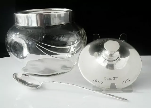 Art Nouveau Sterling Silver Glass preserve Jar & Spoon, T H Hazlewood & Co 1905