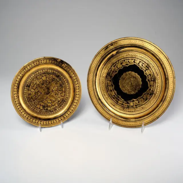 Burmese Antique Lacquerware Black Gold Wood Plates 19thC Peacock Myanmar Ran Yun
