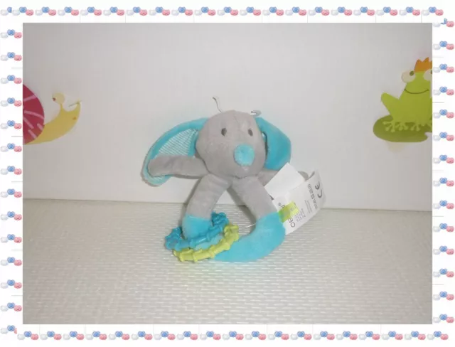 $ - Doudou Hochet Chien Gris Bleu Vert Anis Anneaux  Grelot  Obaibi